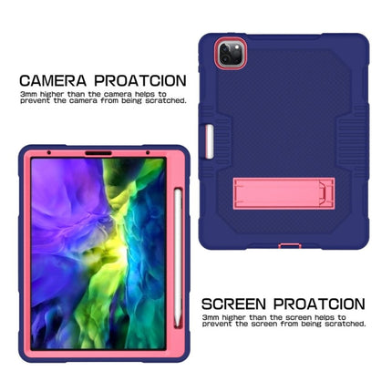 For iPad Pro 12.9 inch (2018/2020) Contrast Color Robot Shockproof Silicone + PC Protective Tablet Case with Holder(Navy Blue Rose)-garmade.com
