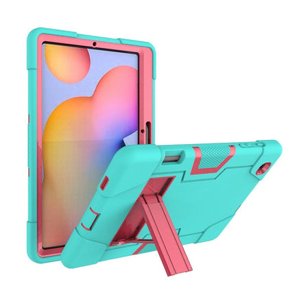 For Samsung Galaxy Tab S6 Lite P610 Contrast Color Robot Shockproof Silicon + PC Protective Case with Holder(Mint Green + Rose Red)-garmade.com