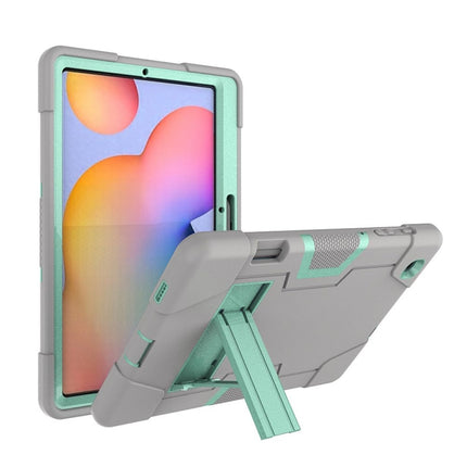 For Samsung Galaxy Tab S6 Lite P610 Contrast Color Robot Shockproof Silicon + PC Protective Case with Holder(Grey + Mint Green)-garmade.com