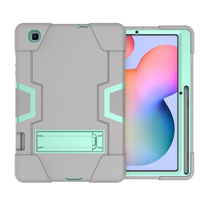 For Samsung Galaxy Tab S6 Lite P610 Contrast Color Robot Shockproof Silicon + PC Protective Case with Holder(Grey + Mint Green)-garmade.com