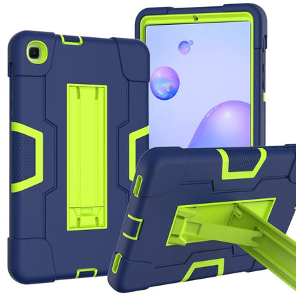 For Samsung Galaxy Tab A 8.4 (2020) T307 Contrast Color Robot Shockproof Silicon + PC Protective Case with Holder(Navy Blue + Yellow-green)-garmade.com