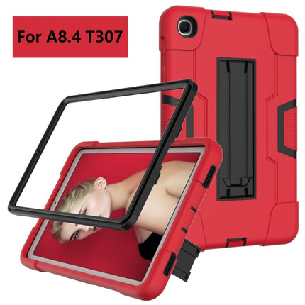 For Samsung Galaxy Tab A 8.4 (2020) T307 Contrast Color Robot Shockproof Silicon + PC Protective Case with Holder(Red + Black)-garmade.com