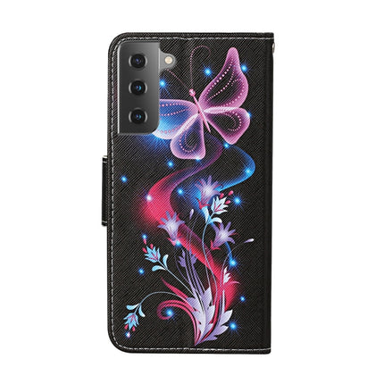 For Samsung Galaxy S21 5G Colored Drawing Pattern Horizontal Flip Leather Case with Holder & Card Slots & Wallet & Lanyard(Fluorescent Butterfly)-garmade.com