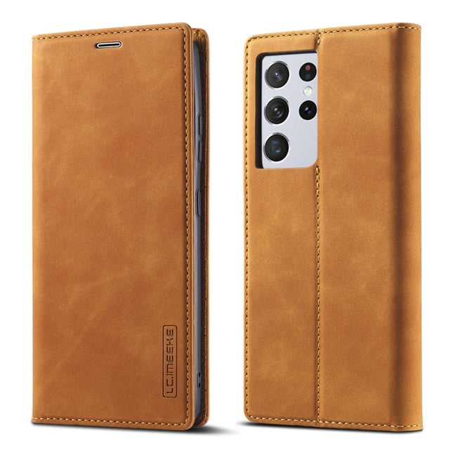 For Samsung Galaxy S21 Ultra 5G LC.IMEEKE Strong Magnetism Ultra-thin Horizontal Flip Matte TPU + PU Leather Case with Holder & Card Slots & Wallet(Brown)-garmade.com