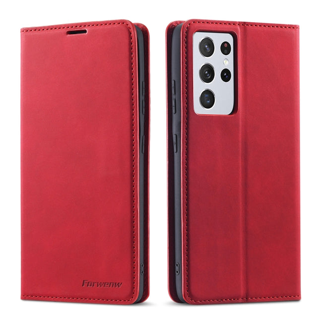 For Samsung Galaxy S21 Ultra 5G Forwenw Dream Series Oil Edge Strong Magnetism Horizontal Flip Leather Case with Holder & Card Slots & Wallet & Photo Frame(Red)-garmade.com