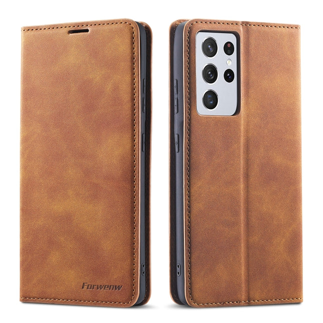 For Samsung Galaxy S21 Ultra 5G Forwenw Dream Series Oil Edge Strong Magnetism Horizontal Flip Leather Case with Holder & Card Slots & Wallet & Photo Frame(Brown)-garmade.com
