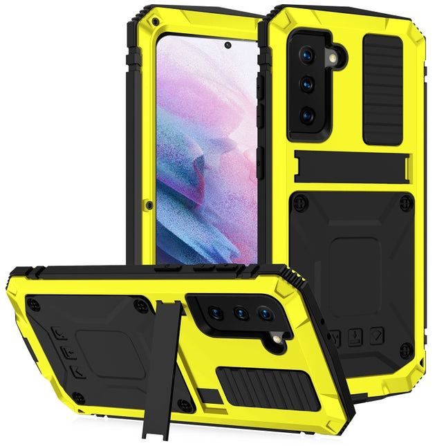 For Samsung Galaxy S21+ 5G R-JUST Shockproof Waterproof Dust-proof Metal + Silicone Protective Case with Holder(Yellow)-garmade.com