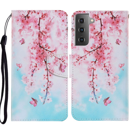 For Samsung Galaxy S21 5G Coloured Drawing Pattern Horizontal Flip PU Leather Case with Holder & Card Slots & Wallet & Lanyard(Cherry Blossoms)-garmade.com