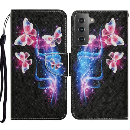 For Samsung Galaxy S21 5G Coloured Drawing Pattern Horizontal Flip PU Leather Case with Holder & Card Slots & Wallet & Lanyard(Three Fluorescent Butterflies)-garmade.com