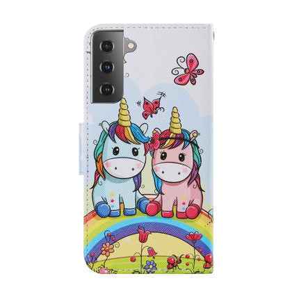 For Samsung Galaxy S21 5G Coloured Drawing Pattern Horizontal Flip PU Leather Case with Holder & Card Slots & Wallet & Lanyard(Couple Unicorn)-garmade.com