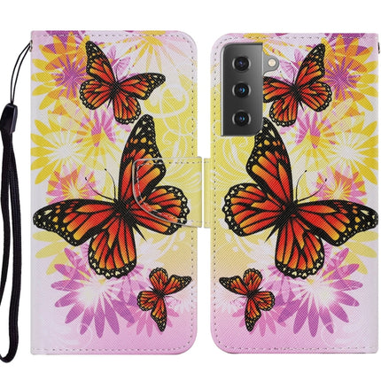 For Samsung Galaxy S21 5G Coloured Drawing Pattern Horizontal Flip PU Leather Case with Holder & Card Slots & Wallet & Lanyard(Chrysanthemum Butterfly)-garmade.com