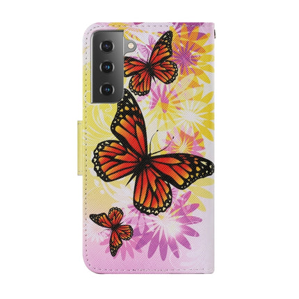 For Samsung Galaxy S21 5G Coloured Drawing Pattern Horizontal Flip PU Leather Case with Holder & Card Slots & Wallet & Lanyard(Chrysanthemum Butterfly)-garmade.com
