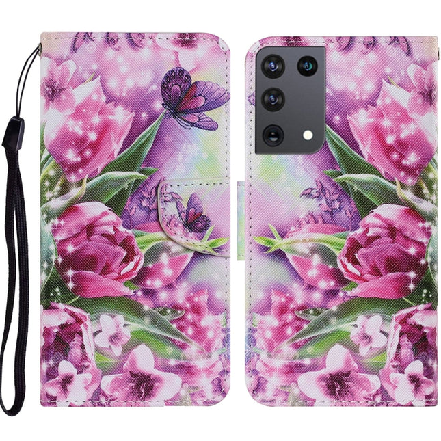 For Samsung Galaxy S21 Ultra 5G Coloured Drawing Pattern Horizontal Flip PU Leather Case with Holder & Card Slots & Wallet & Lanyard(Rose Butterfly)-garmade.com