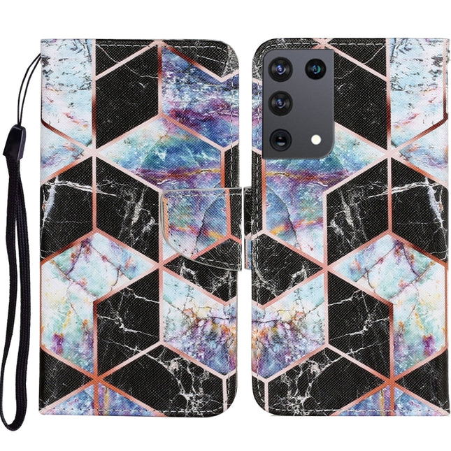 For Samsung Galaxy S21 Ultra 5G Coloured Drawing Pattern Horizontal Flip PU Leather Case with Holder & Card Slots & Wallet & Lanyard(Black Marble)-garmade.com