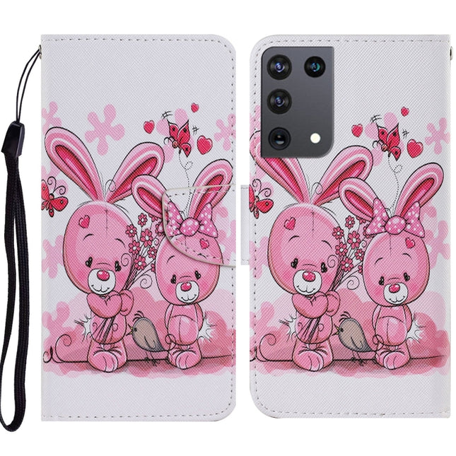 For Samsung Galaxy S21 Ultra 5G Coloured Drawing Pattern Horizontal Flip PU Leather Case with Holder & Card Slots & Wallet & Lanyard(Cute Rabbit)-garmade.com
