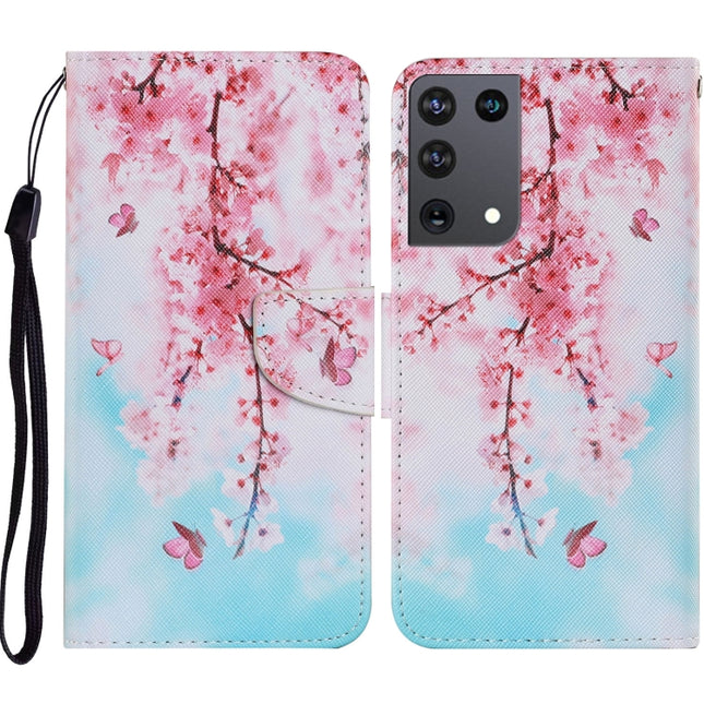 For Samsung Galaxy S21 Ultra 5G Coloured Drawing Pattern Horizontal Flip PU Leather Case with Holder & Card Slots & Wallet & Lanyard(Cherry Blossoms)-garmade.com