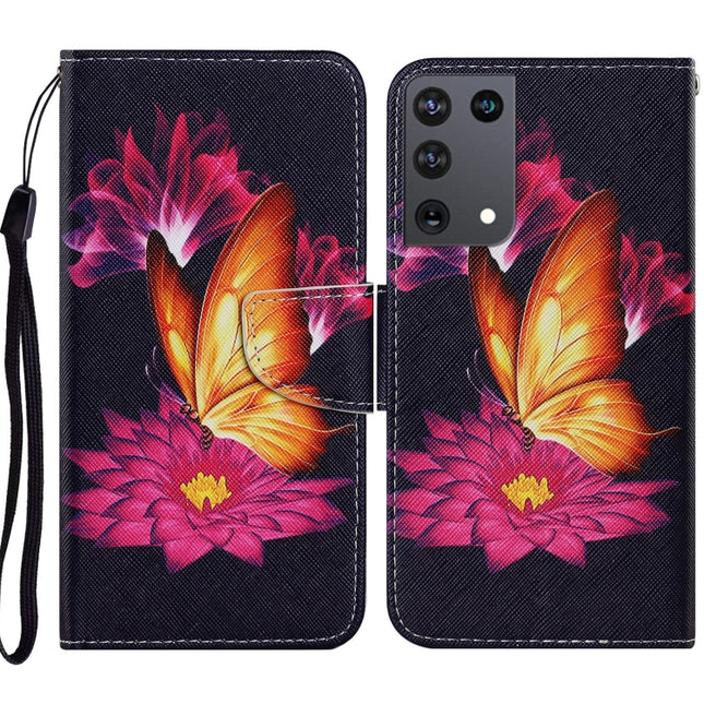 For Samsung Galaxy S21 Ultra 5G Coloured Drawing Pattern Horizontal Flip PU Leather Case with Holder & Card Slots & Wallet & Lanyard(Big Golden Butterfly)-garmade.com