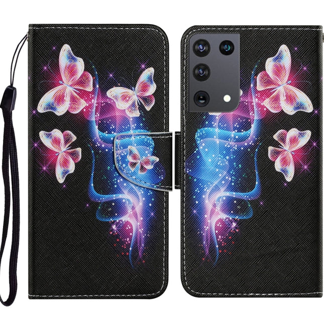 For Samsung Galaxy S21 Ultra 5G Coloured Drawing Pattern Horizontal Flip PU Leather Case with Holder & Card Slots & Wallet & Lanyard(Three Fluorescent Butterflies)-garmade.com