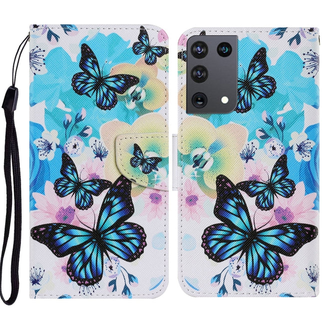 For Samsung Galaxy S21 Ultra 5G Coloured Drawing Pattern Horizontal Flip PU Leather Case with Holder & Card Slots & Wallet & Lanyard(Purple Butterfly)-garmade.com