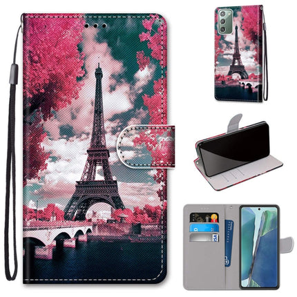 For Samsung Galaxy Note 20 Coloured Drawing Cross Texture Horizontal Flip PU Leather Case with Holder & Card Slots & Wallet & Lanyard(Pink Flower Tower Bridge)-garmade.com