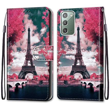 For Samsung Galaxy Note 20 Coloured Drawing Cross Texture Horizontal Flip PU Leather Case with Holder & Card Slots & Wallet & Lanyard(Pink Flower Tower Bridge)-garmade.com