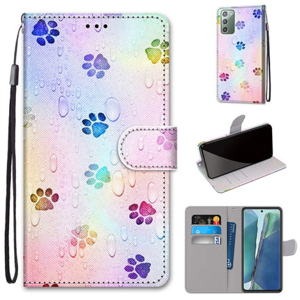 For Samsung Galaxy Note 20 Coloured Drawing Cross Texture Horizontal Flip PU Leather Case with Holder & Card Slots & Wallet & Lanyard(Footprint Water Drops)-garmade.com