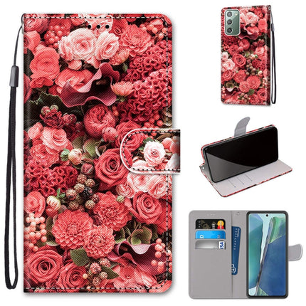 For Samsung Galaxy Note 20 Coloured Drawing Cross Texture Horizontal Flip PU Leather Case with Holder & Card Slots & Wallet & Lanyard(Pink Rose Garden)-garmade.com