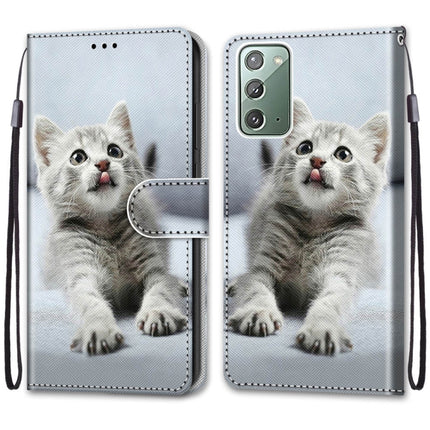 For Samsung Galaxy Note 20 Coloured Drawing Cross Texture Horizontal Flip PU Leather Case with Holder & Card Slots & Wallet & Lanyard(Small Gray Cat)-garmade.com