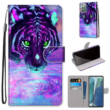 For Samsung Galaxy Note 20 Coloured Drawing Cross Texture Horizontal Flip PU Leather Case with Holder & Card Slots & Wallet & Lanyard(Tiger Drinking Water)-garmade.com