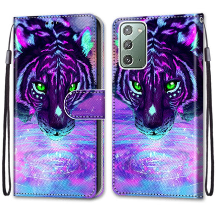 For Samsung Galaxy Note 20 Coloured Drawing Cross Texture Horizontal Flip PU Leather Case with Holder & Card Slots & Wallet & Lanyard(Tiger Drinking Water)-garmade.com