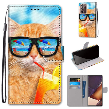For Samsung Galaxy Note 20 Ultra Coloured Drawing Cross Texture Horizontal Flip PU Leather Case with Holder & Card Slots & Wallet & Lanyard(Cat Drinking Soda)-garmade.com