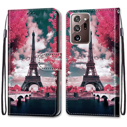 For Samsung Galaxy Note 20 Ultra Coloured Drawing Cross Texture Horizontal Flip PU Leather Case with Holder & Card Slots & Wallet & Lanyard(Pink Flower Tower Bridge)-garmade.com