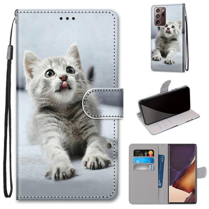 For Samsung Galaxy Note 20 Ultra Coloured Drawing Cross Texture Horizontal Flip PU Leather Case with Holder & Card Slots & Wallet & Lanyard(Small Gray Cat)-garmade.com