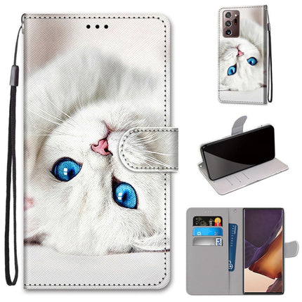 For Samsung Galaxy Note 20 Ultra Coloured Drawing Cross Texture Horizontal Flip PU Leather Case with Holder & Card Slots & Wallet & Lanyard(White Kitten)-garmade.com