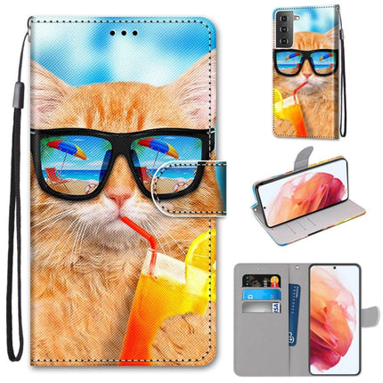 For Samsung Galaxy S21 5G Coloured Drawing Cross Texture Horizontal Flip PU Leather Case with Holder & Card Slots & Wallet & Lanyard(Cat Drinking Soda)-garmade.com