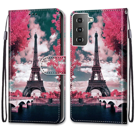 For Samsung Galaxy S21 5G Coloured Drawing Cross Texture Horizontal Flip PU Leather Case with Holder & Card Slots & Wallet & Lanyard(Pink Flower Tower Bridge)-garmade.com