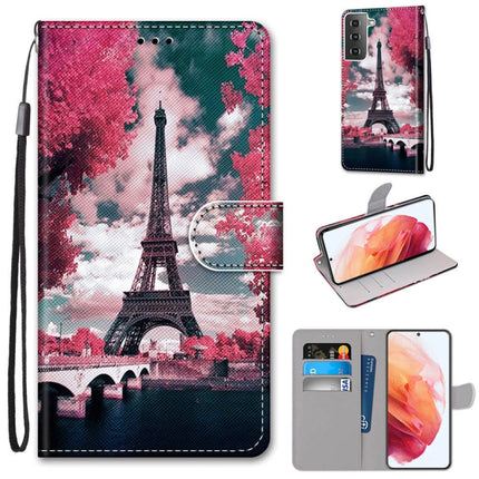 For Samsung Galaxy S21 5G Coloured Drawing Cross Texture Horizontal Flip PU Leather Case with Holder & Card Slots & Wallet & Lanyard(Pink Flower Tower Bridge)-garmade.com