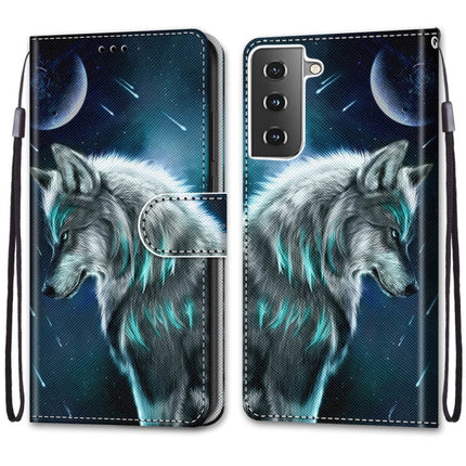 For Samsung Galaxy S21 5G Coloured Drawing Cross Texture Horizontal Flip PU Leather Case with Holder & Card Slots & Wallet & Lanyard(Pensive Wolf)-garmade.com