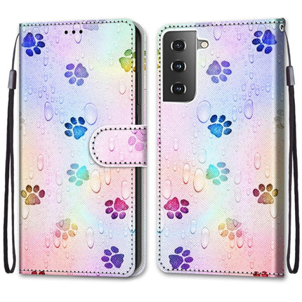 For Samsung Galaxy S21 5G Coloured Drawing Cross Texture Horizontal Flip PU Leather Case with Holder & Card Slots & Wallet & Lanyard(Footprint Water Drops)-garmade.com
