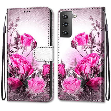 For Samsung Galaxy S21 5G Coloured Drawing Cross Texture Horizontal Flip PU Leather Case with Holder & Card Slots & Wallet & Lanyard(Wild Rose)-garmade.com