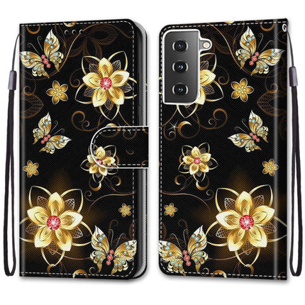 For Samsung Galaxy S21 5G Coloured Drawing Cross Texture Horizontal Flip PU Leather Case with Holder & Card Slots & Wallet & Lanyard(Gold Diamond Butterfly)-garmade.com