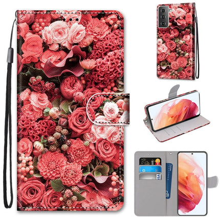 For Samsung Galaxy S21 5G Coloured Drawing Cross Texture Horizontal Flip PU Leather Case with Holder & Card Slots & Wallet & Lanyard(Pink Rose Garden)-garmade.com