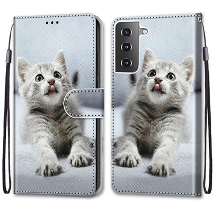 For Samsung Galaxy S21 5G Coloured Drawing Cross Texture Horizontal Flip PU Leather Case with Holder & Card Slots & Wallet & Lanyard(Small Gray Cat)-garmade.com