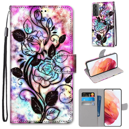 For Samsung Galaxy S21 5G Coloured Drawing Cross Texture Horizontal Flip PU Leather Case with Holder & Card Slots & Wallet & Lanyard(Color Bottom Hollow Flower)-garmade.com