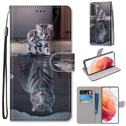 For Samsung Galaxy S21 5G Coloured Drawing Cross Texture Horizontal Flip PU Leather Case with Holder & Card Slots & Wallet & Lanyard(Cat Becomes Tiger)-garmade.com