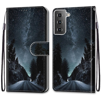 For Samsung Galaxy S21 5G Coloured Drawing Cross Texture Horizontal Flip PU Leather Case with Holder & Card Slots & Wallet & Lanyard(Mountain Road Starry Sky)-garmade.com