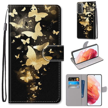For Samsung Galaxy S21 5G Coloured Drawing Cross Texture Horizontal Flip PU Leather Case with Holder & Card Slots & Wallet & Lanyard(Golden Butterfly Group)-garmade.com