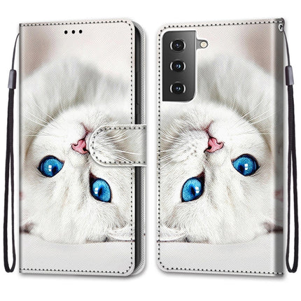 For Samsung Galaxy S21 5G Coloured Drawing Cross Texture Horizontal Flip PU Leather Case with Holder & Card Slots & Wallet & Lanyard(White Kitten)-garmade.com