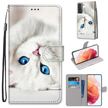 For Samsung Galaxy S21 5G Coloured Drawing Cross Texture Horizontal Flip PU Leather Case with Holder & Card Slots & Wallet & Lanyard(White Kitten)-garmade.com