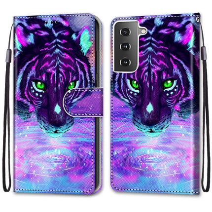 For Samsung Galaxy S21 5G Coloured Drawing Cross Texture Horizontal Flip PU Leather Case with Holder & Card Slots & Wallet & Lanyard(Tiger Drinking Water)-garmade.com